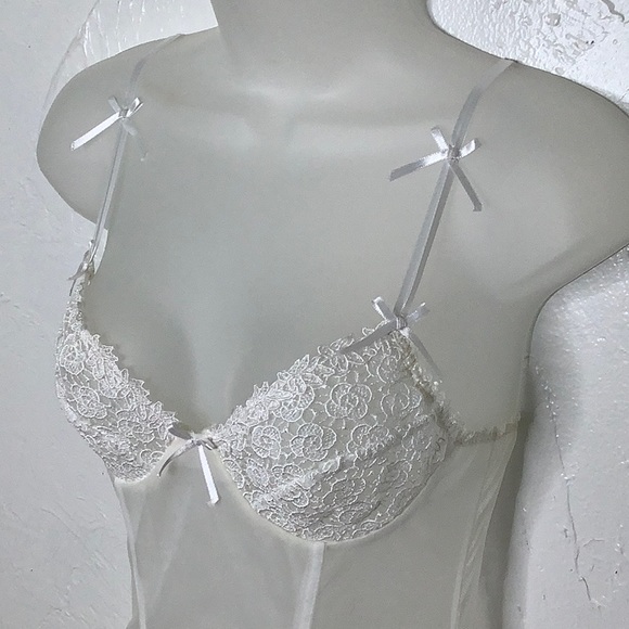 VGT Escante Sheer Nylon babydoll shapewear White bodysuit with gathers SZ S EUC - Picture 4 of 16